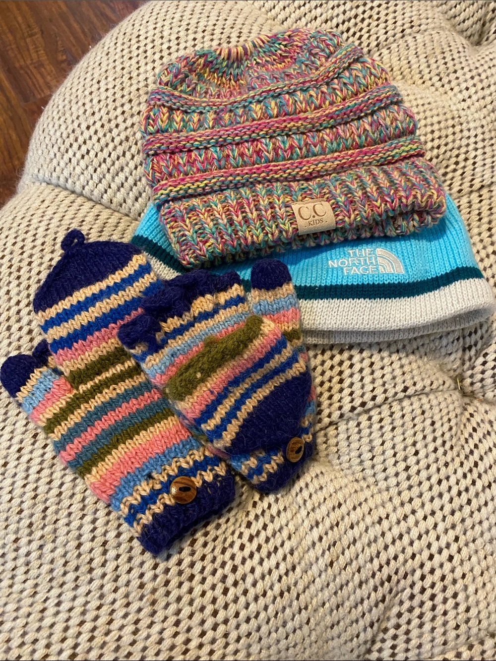 CC Boutique Multicolor Knit Beanie with Matching Striped Mittens